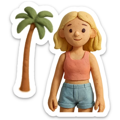 claymation style young woman in Malibu with pastel beach scene sticker