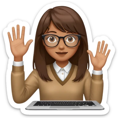 a designer with tan skin long brown hair bangs waving with computer sticker