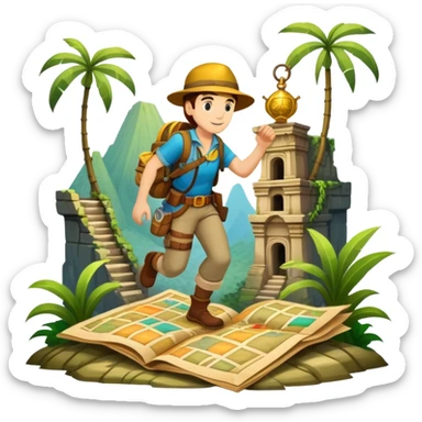 An icon featuring an adventurer in a dynamic action pose, with treasure maps, ancient ruins, and jungle landscapes in the background. The design includes clues, hidden passages, and climbing gear, symbolizing the thrill of exploration and discovery. Transparent background. sticker