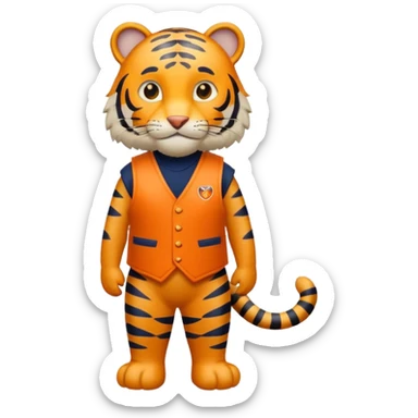 crea un tigre de cuerpo completo, que lleve un chaleco color azul marino y que en el chaleco lleve el nombre (telamon) sticker