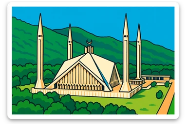 Create an illustration of Faisal Mosque in vibrant toon style with lush green surroundings and bright architectural details, inspired by the reference image. sticker