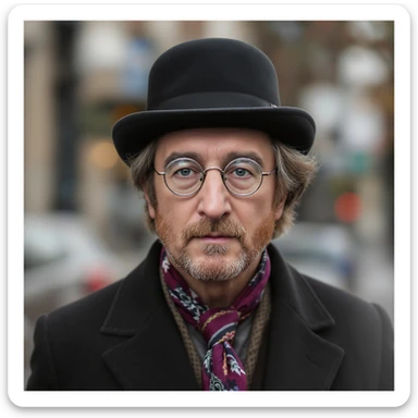 detailed realistic illustration of John Lennon in a bowler hat, photorealistic, soft lighting sticker