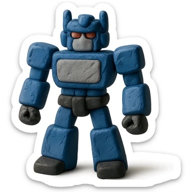 simple transformer robot in royal blue, black, and silver, claymation style with animated look sticker