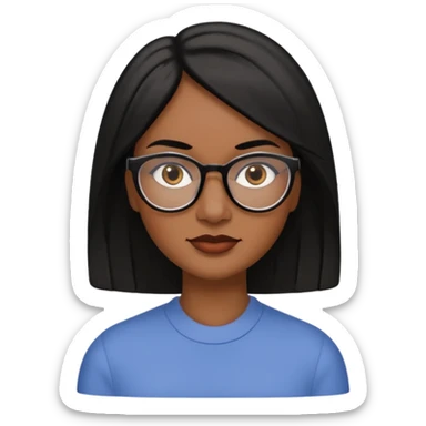 A 30 year woman emoji with medium-dark skin, straight shoulder-length black hair parted to the side, an oval-shaped face, arched dark eyebrows, large brown eyes with glasses, a small nose, and natural-toned lips. sticker