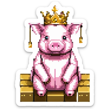 LEGO style pixel art pig with a golden crown sitting on a throne, classic LEGO brick shapes and studs, bright colors, simple and blocky sticker