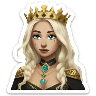 Aelin has white or golden blonde hair, turquoise eyes with a gold ring around the pupil, and tattoos and scars. Wearing a black and gold gown with a crown made of fire sticker