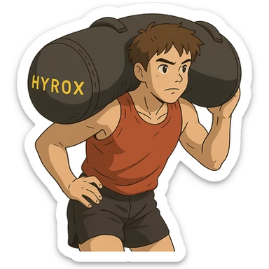 ghibli style athlete carrying a Hyrox sandbag on shoulder sticker