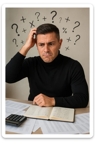 a man sits at a desk cluttered with papers, a calculator, and a notebook filled with numbers and equations. He scratches his head, eyebrows furrowed in confusion, while mathematical symbols and question marks float around his head. The background is softly blurred, emphasizing his puzzled expression. sticker