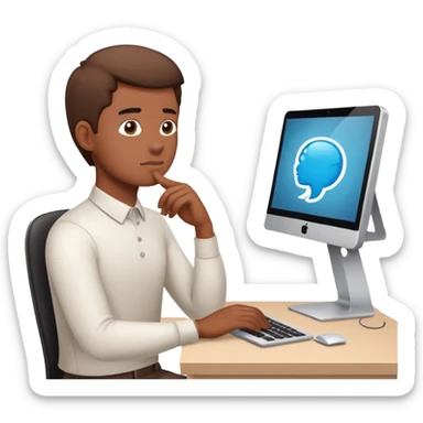 A person working at a computer with a thought bubble "Working on it" sticker