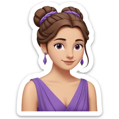 Femme aux longs cheveux bruns relevés en chignon lâche, robe violette fluide inspirée de la Grèce antique, regard en coin et sourire malicieux, style animation Disney sticker