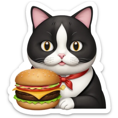 fat tuxedo cat eating a hamburger sticker