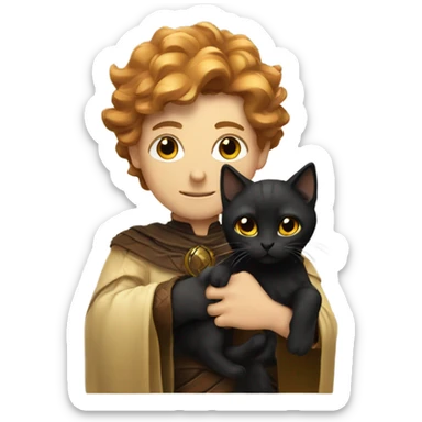 A sun warlock who is pale with brown hair and is holding a black kitten sticker