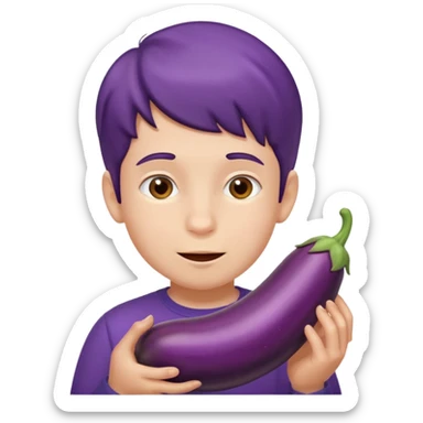 a boy eating a HUGE eggplant sticker