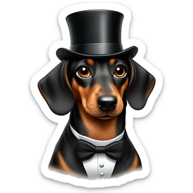 Daschund in a tuxedo with a monacle on one eye wearing a tophat sticker