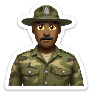 drill sergeant character wearing a classic sergeant hat and a camouflage army shirt. The character should have an angry intense expression. full torso sticker