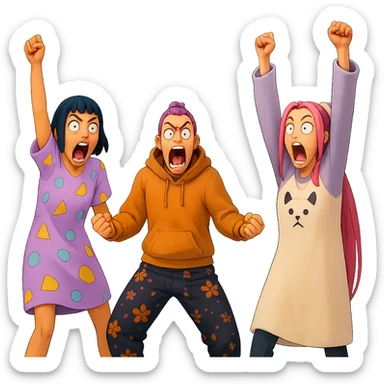 Extract the three characters from the image and place them together on a transparent background, keeping the original style and appearance. sticker