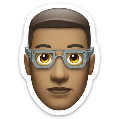 Male cyborg head with metallic plated face, brown flat top, glasses and circuits sticker