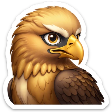 Cinematic Cute Golden Eagle Portrait Emoji, Head tilted playfully and inquisitively, featuring a compact, streamlined form with subtly ruffled, golden plumage and round, sparkling eyes full of spirited charm, Simplified yet irresistibly adorable features, highly detailed, glowing with a warm, inviting glow, high shine, affectionate and lively, stylized with a touch of whimsical aerial grace, soft glowing outline, capturing the essence of a mischievous yet endearing golden eagle that seems as if it could glide out of the screen into your heart! sticker