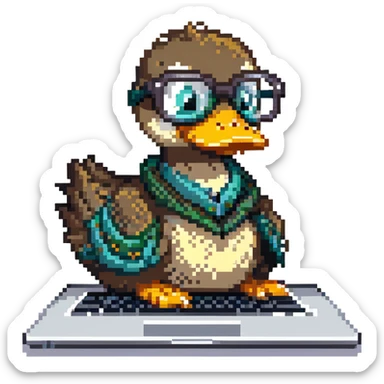 Animated duck wearing glasses, programming Python on a laptop sticker