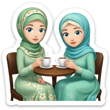 Turkish beautiful finish Konya girls blue eyes with Beautiful light green floral hijab long tail dress and the two friends in a white lovely coffeehouse sits on the chair on the ground and holds cup coffe with her hand  sticker