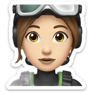 woman with underwater scubadiver gear green eyes, large and straight brown hair, pink diving underwater black suit gear sticker