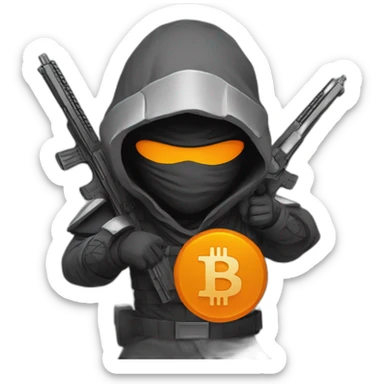 ninja with a halo above their head, two guns on their back and an orange Bitcoin logo on their clothes sticker
