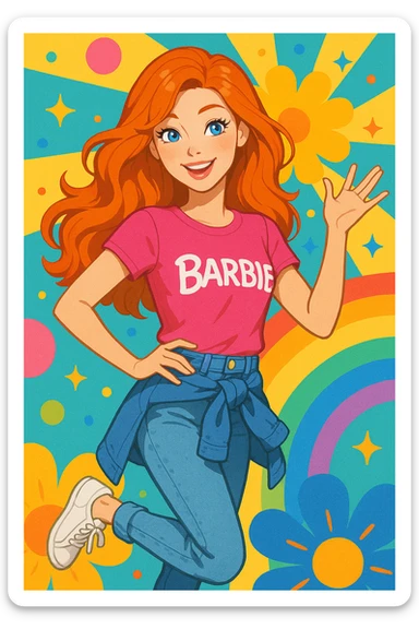 ginger Barbie, casual clothes, playful pose, bright and colorful background sticker