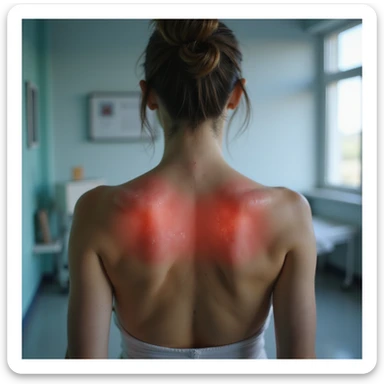 hyperrealistic 4K image of a woman seen from behind with inflamed and swollen shoulder blades, red skin between the shoulder blades, medical environment, variant 2 with slightly changed arm position sticker