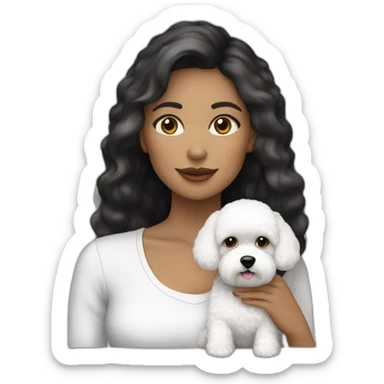 mujer piel blanca pelo largo negro y perro bichon blanco sticker