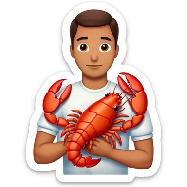 Man cuddling a big red lobster sticker
