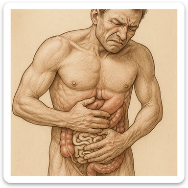 realistic anatomical man with expression of stomach ache, intestine highlighted, light beige worms visible in the intestine, detailed illustrative style sticker