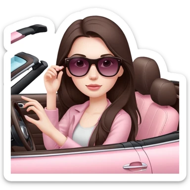 girl with long dark brown hair and pale skin wearing sunglasses driving convertible car with light pink interior sticker