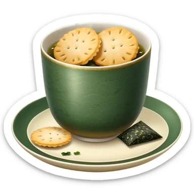 Japanese senbei rice cracker wrapped with sheet of nori seaweed, traditional snack served with green tea sticker