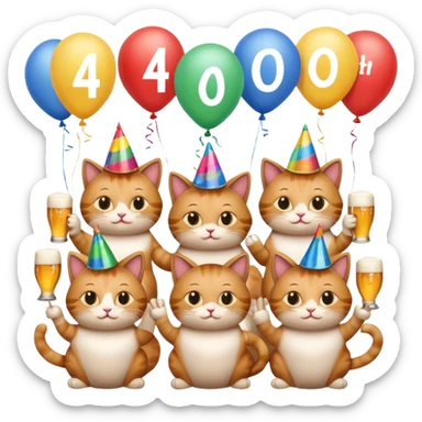 six cats with beer mugs celebrating a 40th birthday, wearing party hats, balloons with '40', emoji style sticker