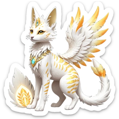 Epic complex fantasy glorious detailed futuristic divine godly angelic feathery sunny, white, albino, pastel, golden, orange glowing sparkly, realistic Fakémon-Sprigatito-Floragato-Meowscarada-Trico-Sergal-Serval-Solgaleo-Vernid-creature (full body) solarpunk, shiny sparkly, iridescent sticker