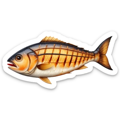 Cinematic Realistic Gradele (Grilled Fish) Dish Emoji, depicted as perfectly grilled fish with a smoky, charred finish rendered with lifelike detail and appetizing, natural lighting. sticker