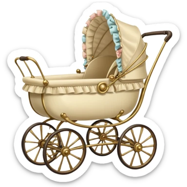 An antique baby stoller with bis wire wheels and a ruffeled bonnet sticker