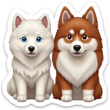 two dogs sitting side by side: a red siberian husky with blue eyes, and a white samoyed with brown eyes sticker