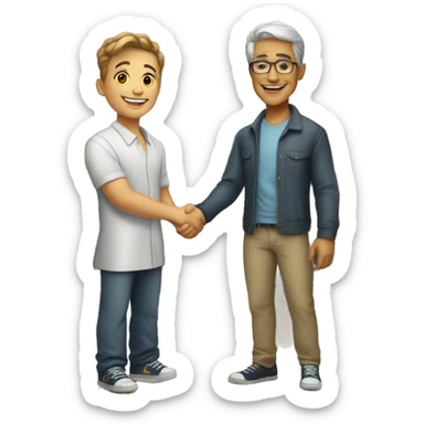 an old restaurant owner and young blogger in youth clothes, shaking hands, both with light skin, in great detail, in full height sticker