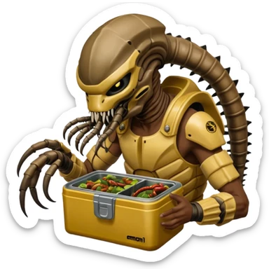 The Predator with full armor and mask eating an Alien facehugger from a lunchbox, the setting should be dark and real. sticker