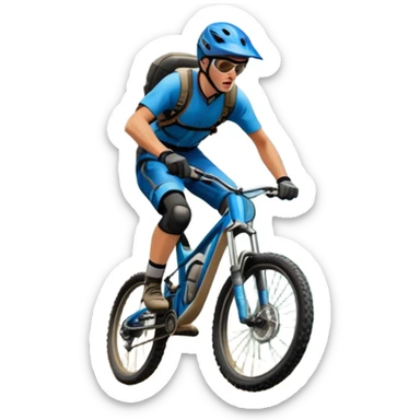 A thrilling downhill mountain biking scene! A rider in full gear speeds down a steep rocky trail, kicking up dust. The rugged mountain landscape surrounds them, with towering peaks, evergreen trees, and a bright blue sky. The rush of adventure is in the air. Transparent background. sticker