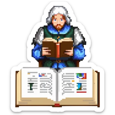 person reading the Canterbury Tales and drinking tea, Geoffrey Chaucer standing behind sticker
