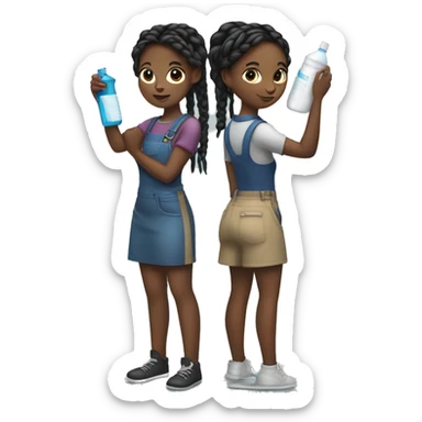 two black girls with braids in a ponytail standing showing entire body, standing with their backs touching  holding cleaning supplies in their hands i front of them sticker