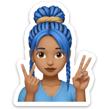 brown girl with blue dreads in a bun, giving peace sign with middle finger sticker