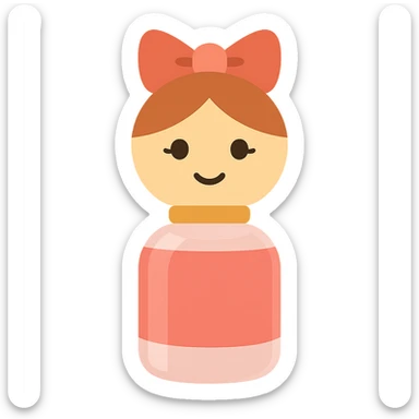 Create an emoji of the Benetton Sisterland perfume doll with a round head, pink bow, smiling face, and pink dress in a modern emoji style. The background should be removed. sticker