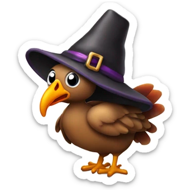 Turkey with witches hat on its head and a wand in its beak sticker