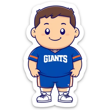 stocky white male, chubby, short brown hair gelled up, rowley smile with chubby cheeks, new york giants blue t-shirt, basketball shorts sticker