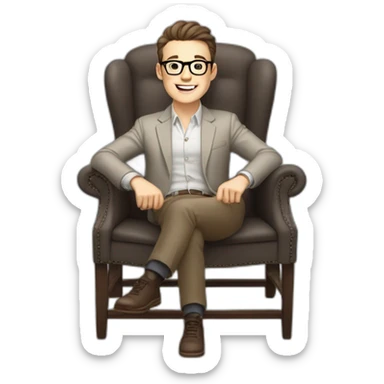 Joyful thrumb up Pale skinned Fit Man With dark brown hair in gray jacket, beige office shirt, Brown pants and vintage glasses sitting In a soft chair sticker