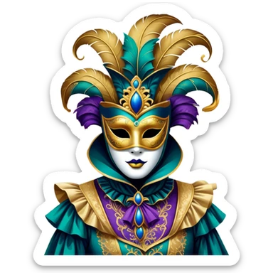 Venice Carnival performer – Cinematic Realistic Venice Carnival Performer, depicted in an opulent, elaborately masked costume with rich textures, vibrant colors, and dramatic, soft lighting, set against the historic backdrop of Venetian canals, capturing the mystery and extravagance of the carnival. sticker