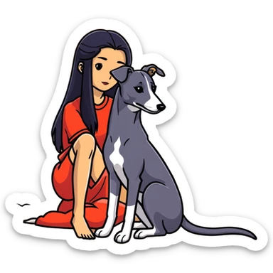 A very beautiful and attractive 25-year-old Chinese woman with long flowing black hair and a SOLID DARK GREY whippet sitting together on a beach during a beautiful sunset. The whippet MUST be COMPLETELY SOLID DARK GREY with ABSOLUTELY NO WHITE MARKINGS ANYWHERE - no white chest, no white face, no white paws, no white tip on tail - ENTIRELY ONE SOLID DARK GREY COLOR throughout the entire dog. Orange and red sunset sky over the ocean, sandy beach in the foreground. sticker